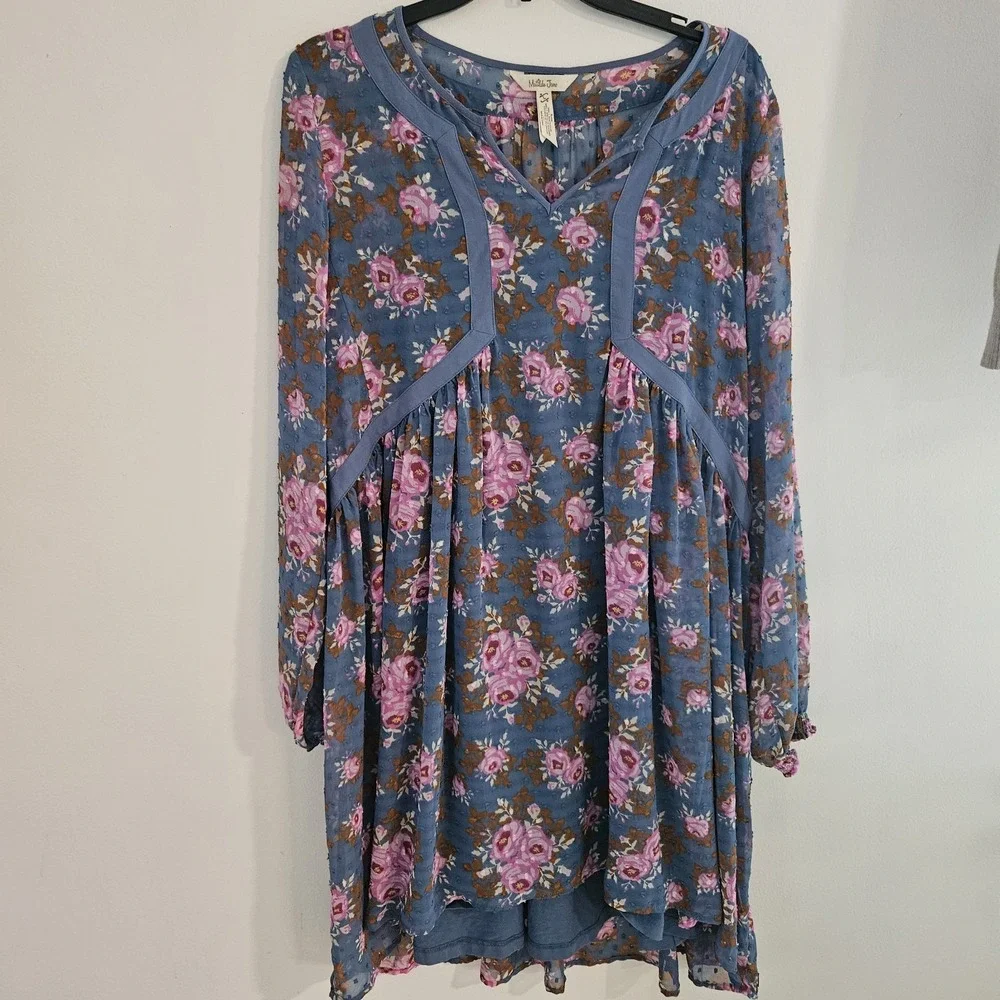 Matilda Jane Floral Flutter Twirl Dress L Women Balloon Sleeve Swiss Dot Midi Bl - Picture 11 of 11